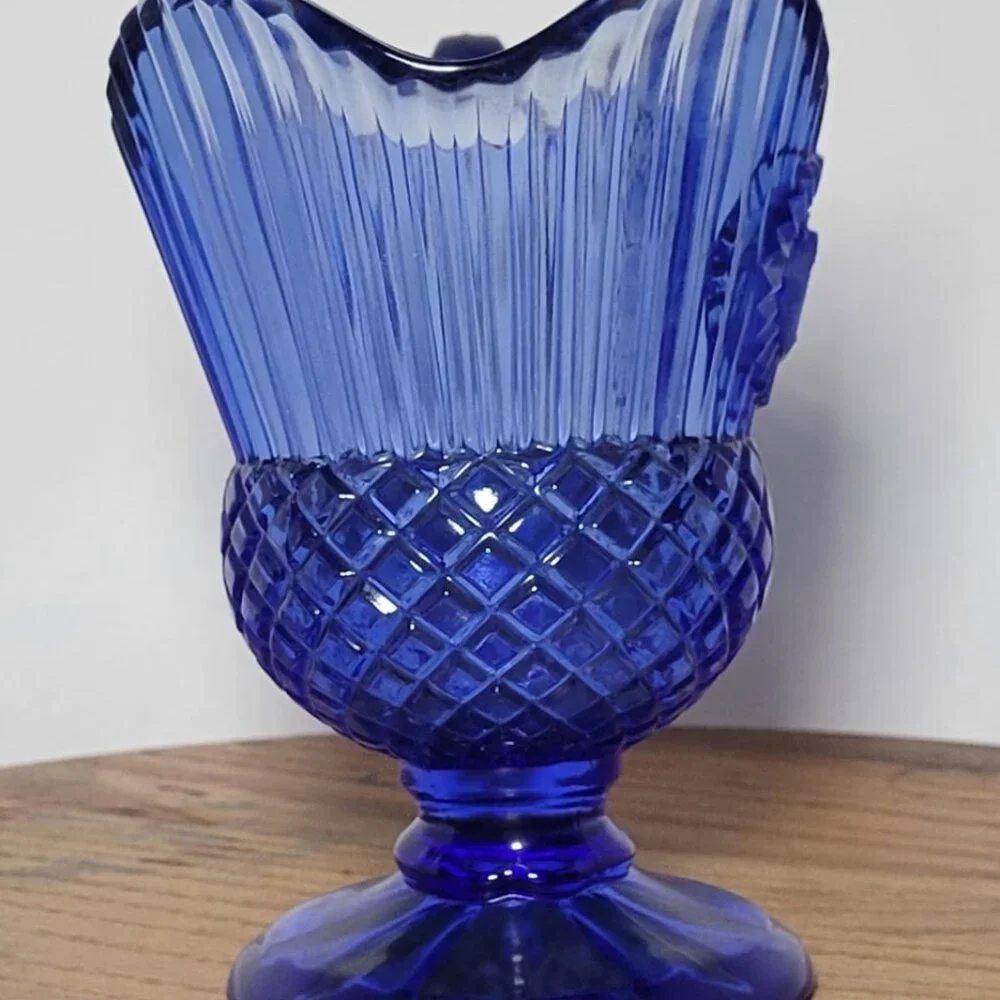 Vintage Avon Fostoria Glass Ribbed Cobalt Blue Mt. Vernon Creamer Sauce Pitcher